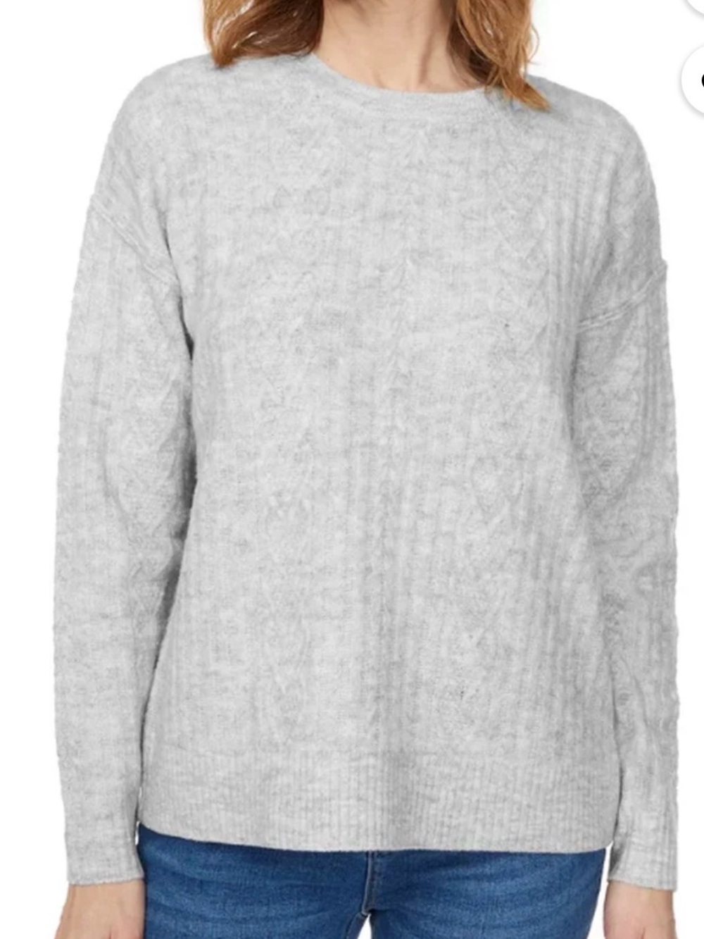Women's Light Gray Cable Knit Crewneck Sweater